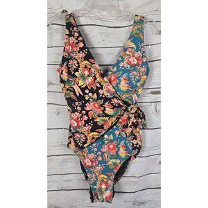 Sundance Floral Wrap One-Piece Swimsuit in Teal and Black